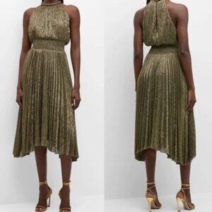 A.L.C. Renzo II Metallic Pleated Midi Dress Antique Gold 6 NWT $495